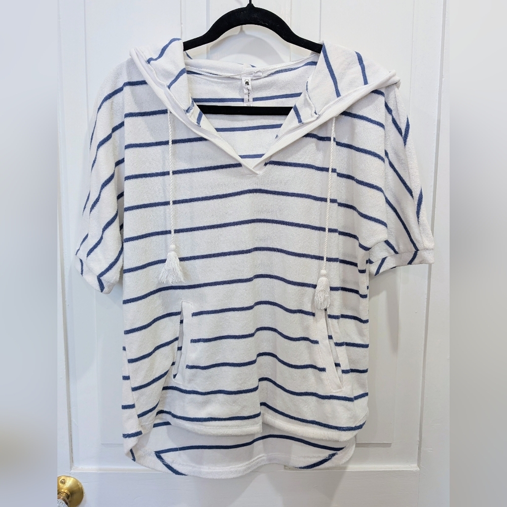 Cable And Gauge White and Blue Striped Terry Cloth Hoodie | Xsmall